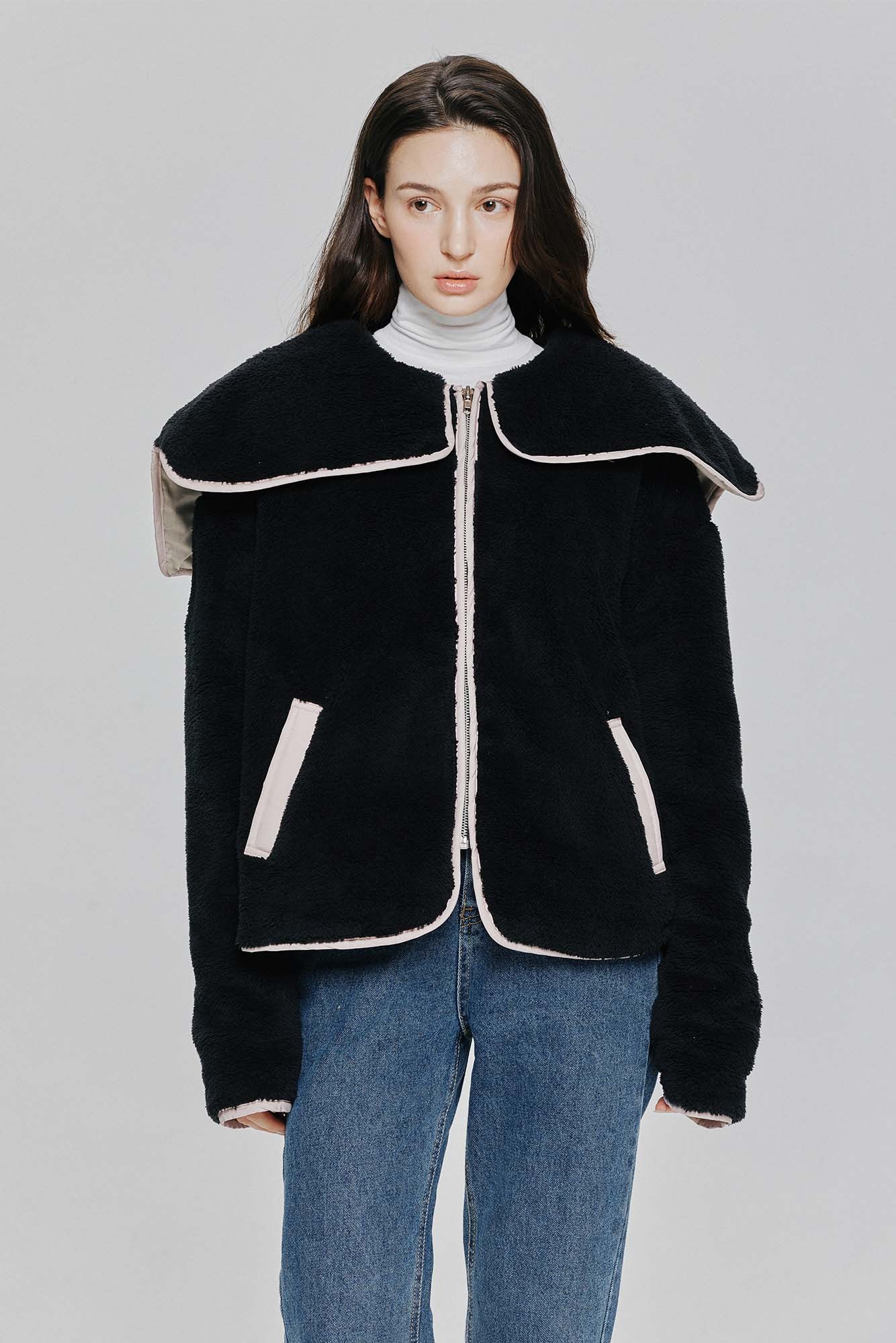 [소리 착용] Sailor Collar Fleece Coverall Jacket (black)